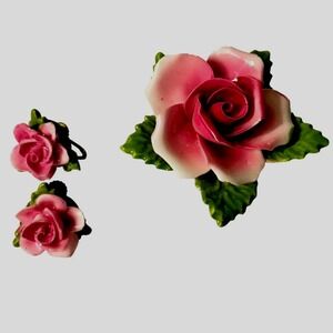 Thorley Bone China Pink Rose Brooch and Screw Back Earrings Set Made in England